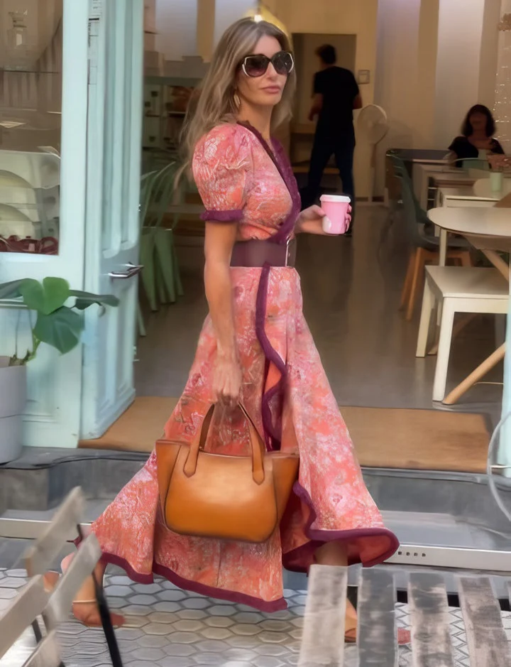 Sophie | Robe Maxi Rose Élégante à Manches Courtes