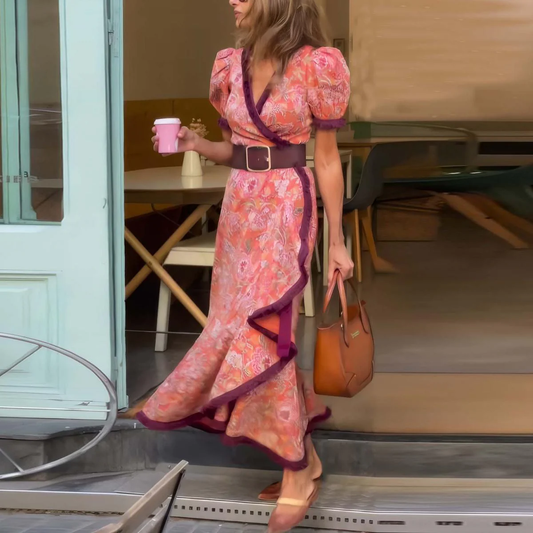 Sophie | Robe Maxi Rose Élégante à Manches Courtes